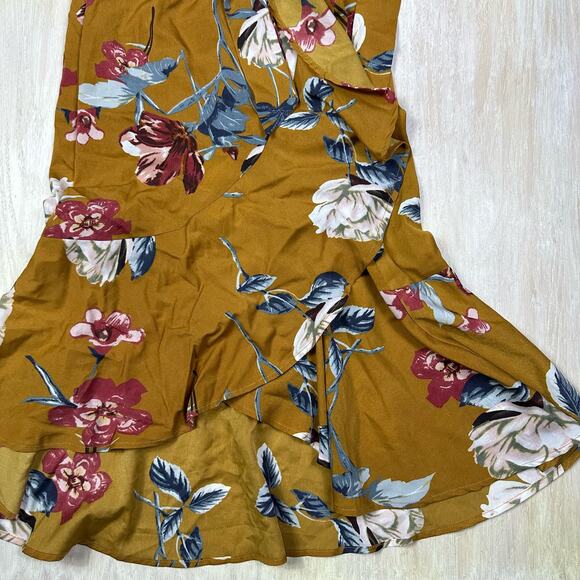 Lulu's Love & Light Mustard Yellow Floral Print Midi Romantic Faux Wrap Dress XS - Picture 3 of 16